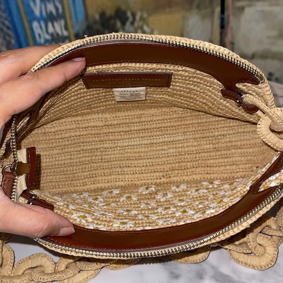 Sézane Isabelle Raffia Embroidered Daisy Bag Chain Flowers Cream White EUC - Picture 6 of 12